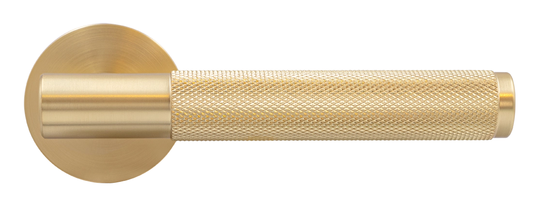 Ручка дверная AZRIELI MH-57-R6T MSG раздельная на круглой розетке, цвет матовый сатинированный золото, ЦАМ фото купить в Твери