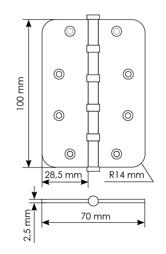 Петля стальная MSN-C 100X70X2.5-4BB SG скругленная универсальная с подшипником, вес полотна до 40 кг, цвет матовое золото фото купить в Твери